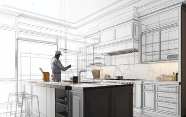 Kitchen design drawing with partial color rendering